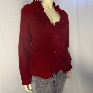 Susan Bristol 100% Wool Red Ruffle Rose Cardigan Jacket L — Textured Boho Cottag